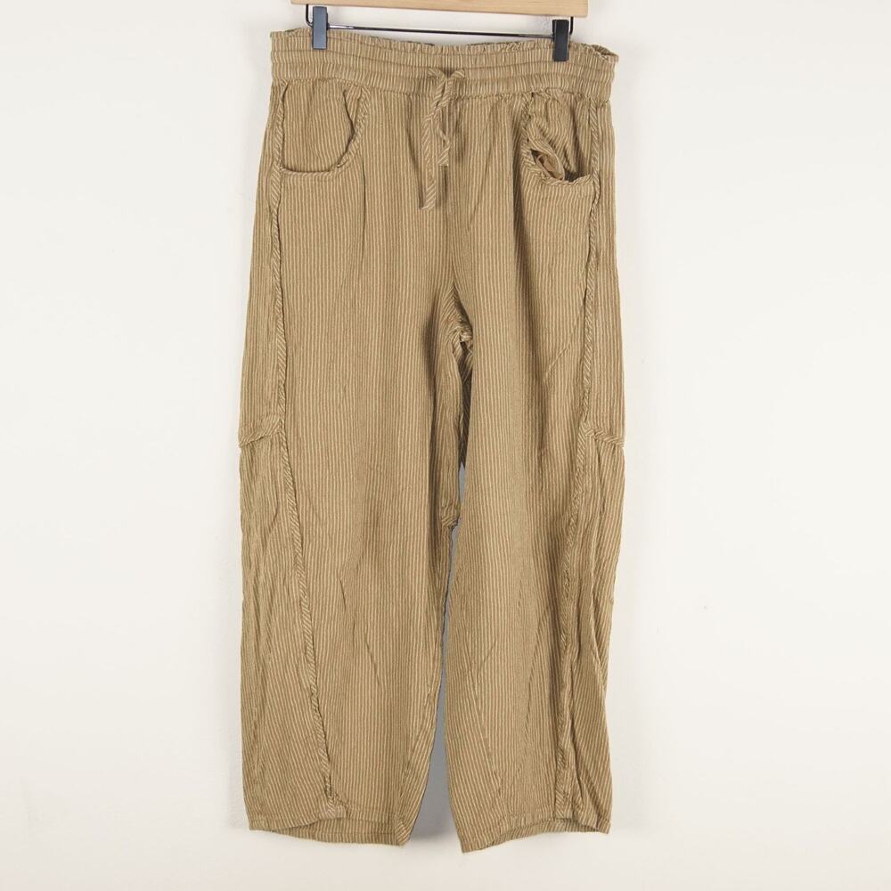 Free People Something Good Leaf Green Striped Cotton Pull On Barrel Leg Pants L - Picture 1 of 9